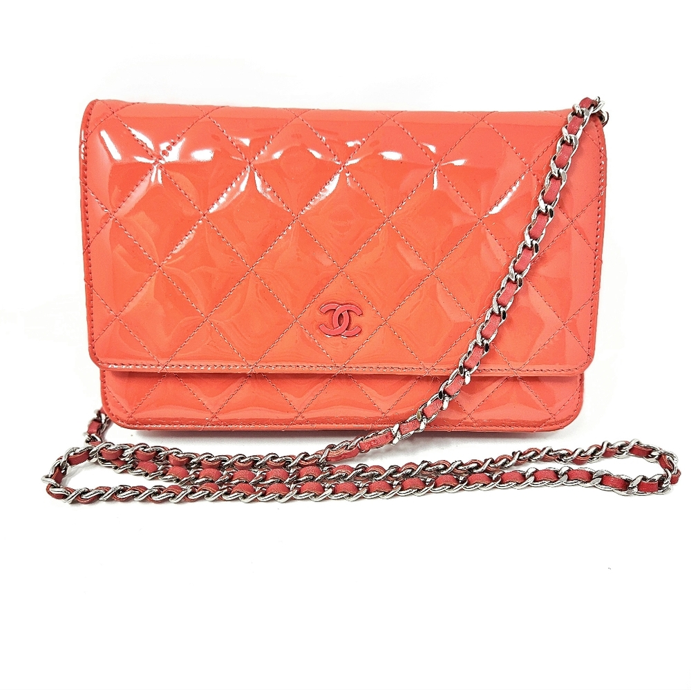 Authentic Chanel WOC Classic Wallet On Chain Patent Quilted Coral SHW